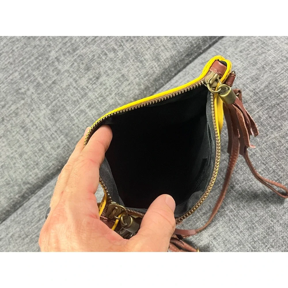 Vera Pelle Italy Yellow Leather Crossbody Foldover Tassel Clutch Bag